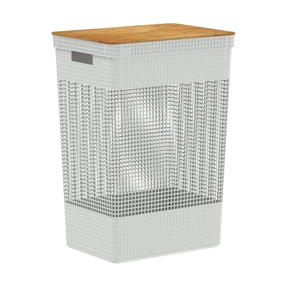 Ou Cesto de Roupas com Tampa de Bambu 49L Branco Oceano Linha Grid - 1