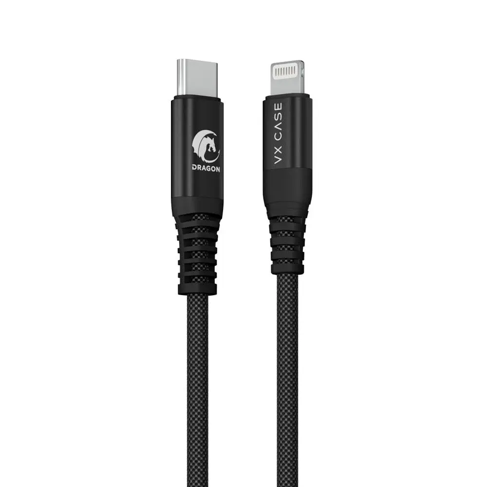 VX Case Mini Cabo USB-C para Lightning 30cm Dragon Preto – Cabo Curto para iPhone, Carregamento Rápido PD, Resistente e Compacto