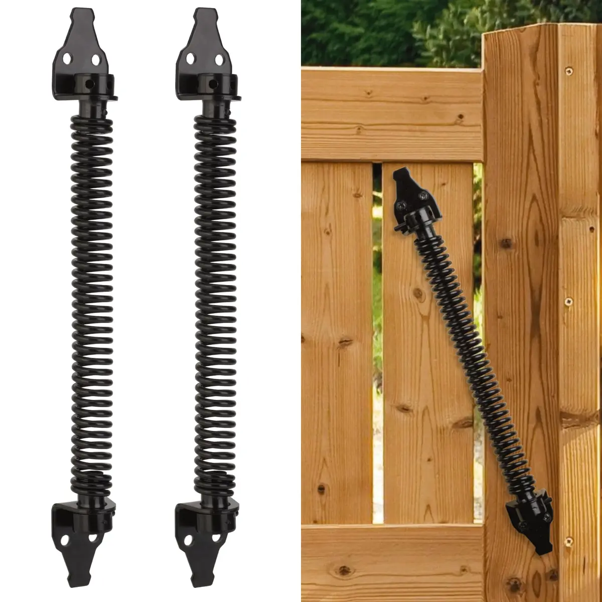 Mola de portão de 35,5 cm, fecho automático, resistente, para uso externo, fecho automático de portão, ferragens, trava de portão com mola com ferramenta ajustável para cerca de madeira e vinil, preta