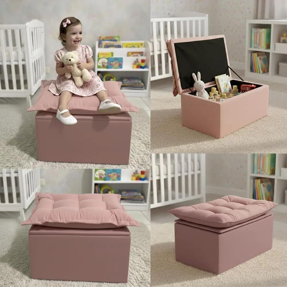 Puff Baú Opala Decorativo Organizador Quarto Infantil Bela Móveis (Rosê)