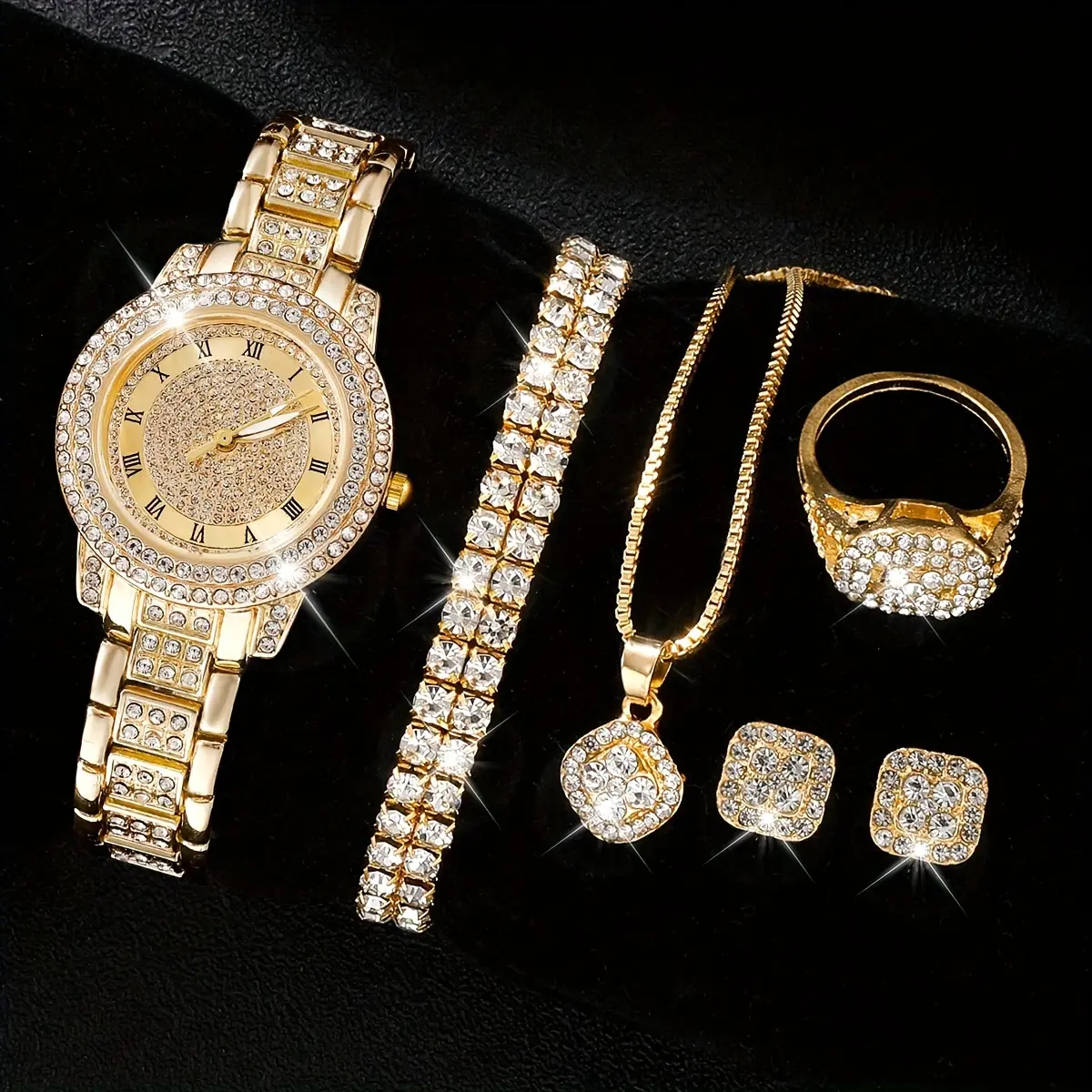Conjunto De Relógios Femininos Luxuosos Com Diamantes Completos De 6 Peças – Joias De Quartzo Mostrador Roma (Sem Caixa) - 1