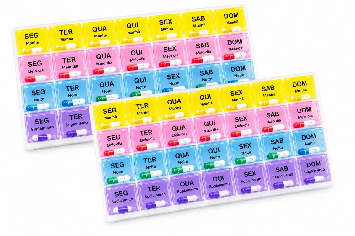 Kit 2 Porta Comprimidos Semanal e Mensal | Organizador de Remédios 28 Compartimentos (7 Dias x 4 Horários) | Porta Medicamentos e Vitaminas para Casa, Trabalho e Viagem (2, 2 Porta Comprimidos)