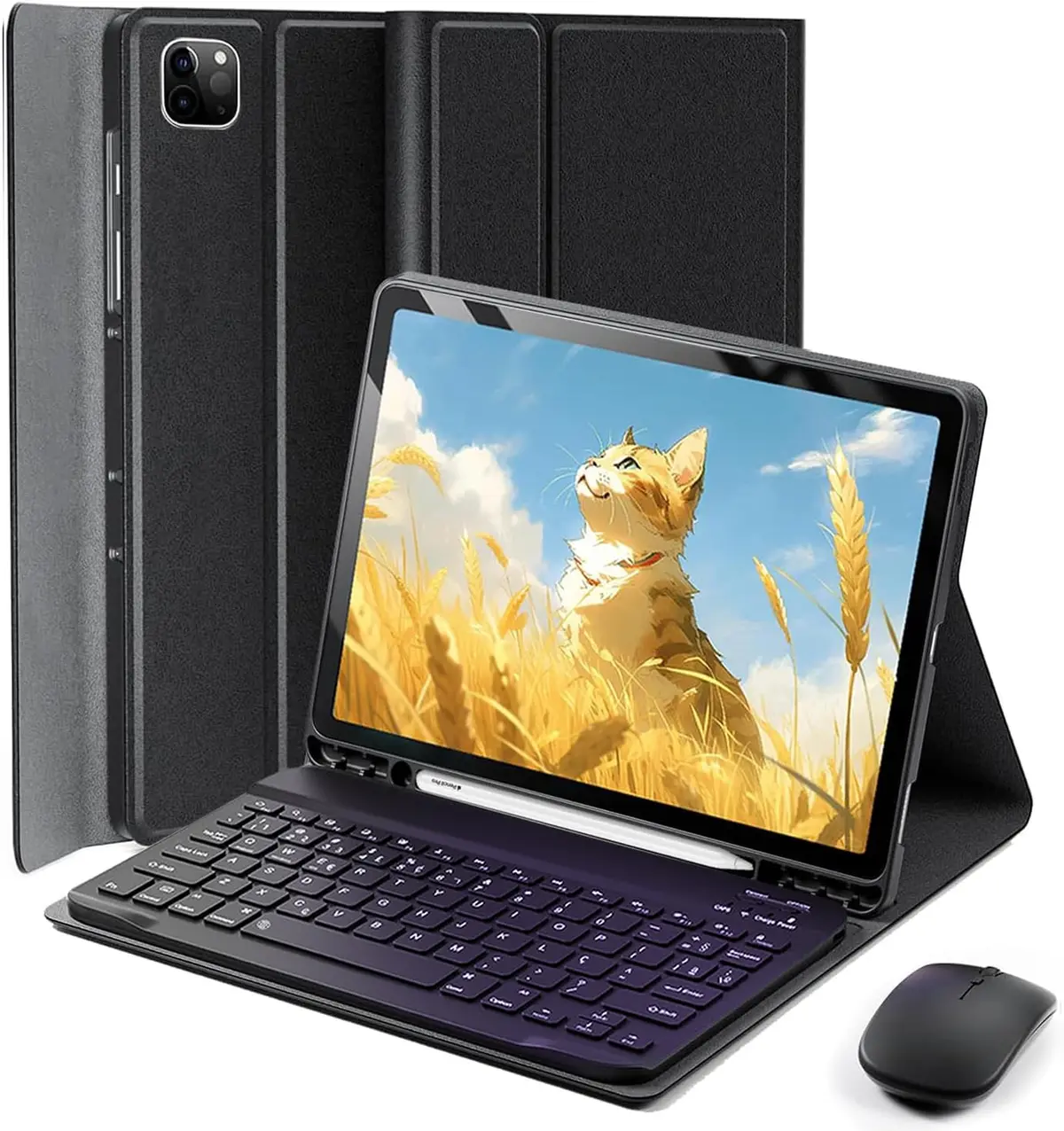 Capa Teclado para iPad Pro 11 4ª/ 3ª/ 2ª/ 1ª geração 11 Polegadas Capinha | com [Teclado Bluetooth destacável] [Suporte de Lápis] e [Mouse Bluetooth] Multiângulo Função de Despertar Automático, Preto - 1
