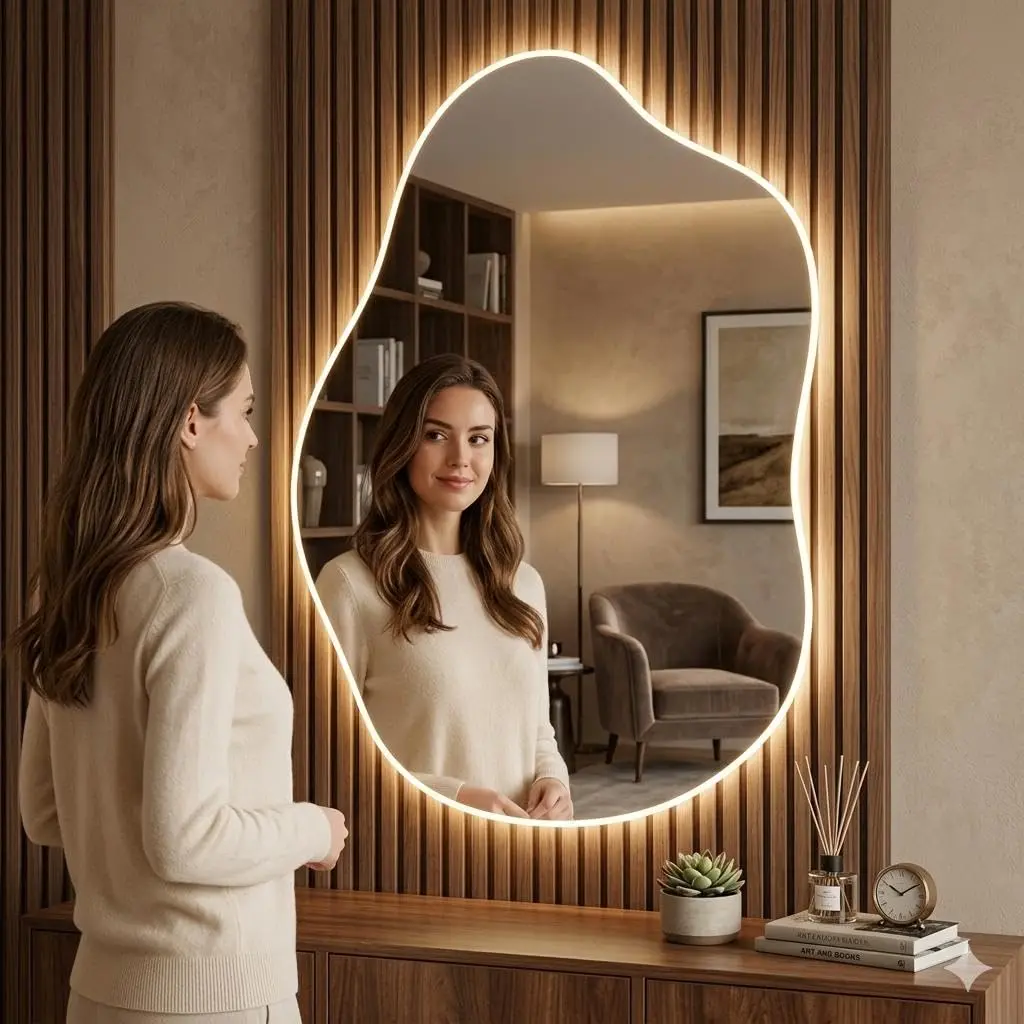 Espelho para Banheiro com LED Luz Indireta Orgânico Decorativo Moderno para Lavabo Sala e Quarto (70x100cm)
