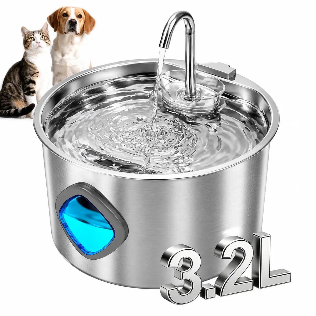 Wadukud Fonte de Água pra Gato, Bebedouro para Gatos Silenciosa Inox Carvão Ativado LED Indicador Fonte De Água para Cães e Gatos (3,2L, TY40)