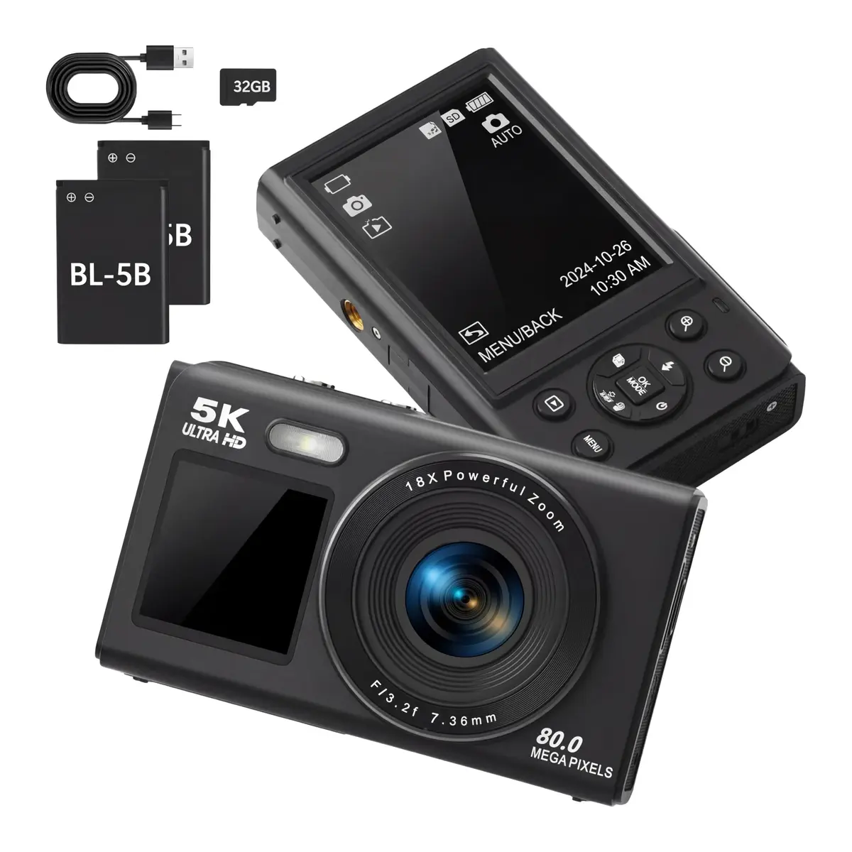 Câmera Digital 5K Ultra HD 80MP Duas Telas Selfie WiFi Fotografia e Vídeo | 80MP 5K Ultra HD, Duas Telas para Selfie, Múltiplos Modos, Lanterna Suporte, WiFi, Bateria Recarregável, Portátil Estudantil