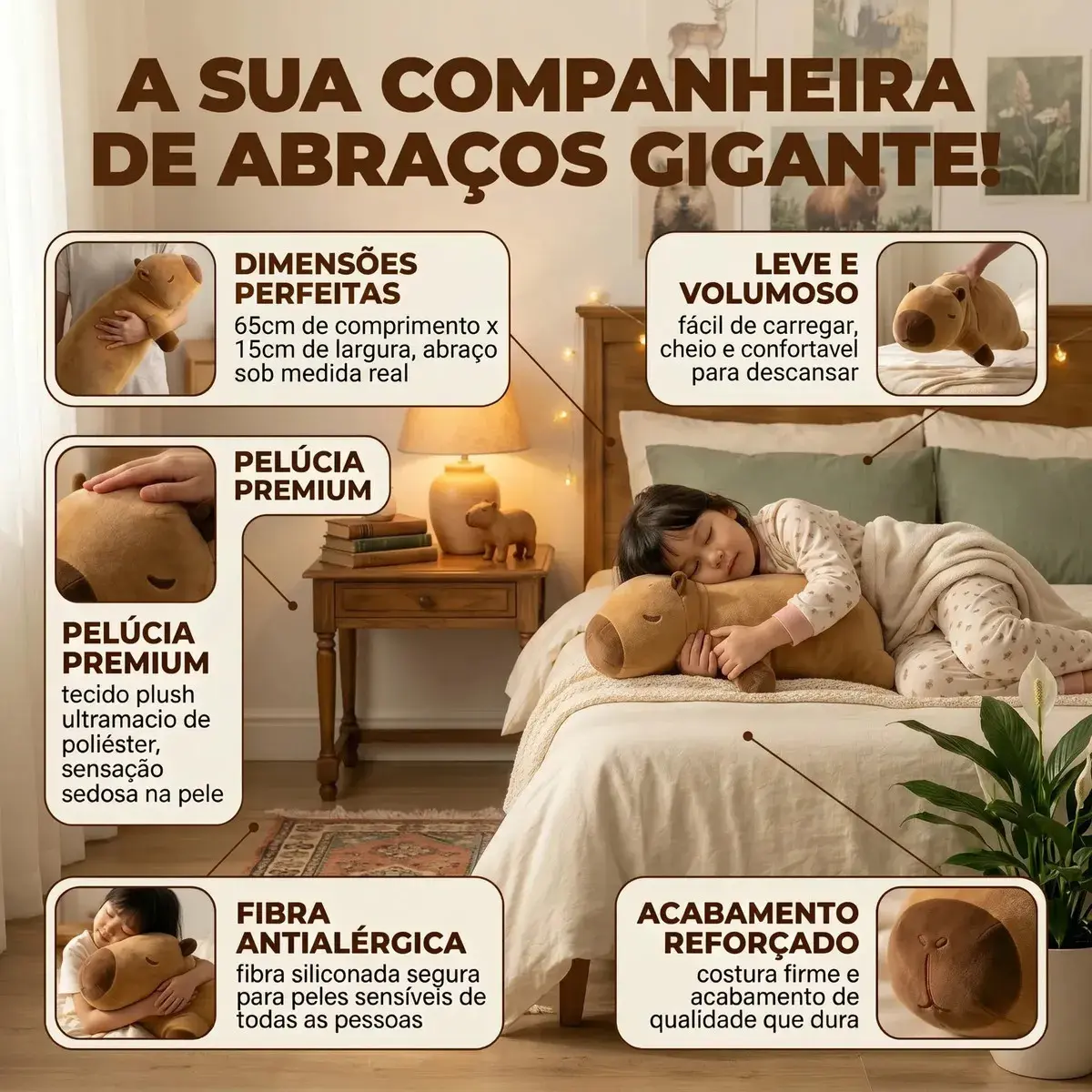 Travesseiro De Corpo Xuxão Capivara Pelúcia Gigante 65cm Almofada Abração Antialérgico Toque Super Macio Confortável Para Dormir Decorar Presentear Infantil Adulto Acabamento Premium Brasiliana Tech thumbnail 2