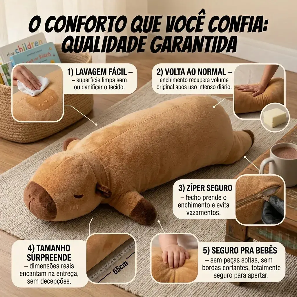 Travesseiro De Corpo Xuxão Capivara Pelúcia Gigante 65cm Almofada Abração Antialérgico Toque Super Macio Confortável Para Dormir Decorar Presentear Infantil Adulto Acabamento Premium Brasiliana Tech thumbnail 5