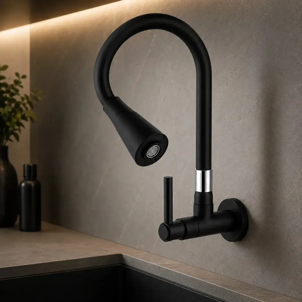 Torneira Gourmet Parede Cozinha Preta Flexível 2 Jatos Chuveirinho Cone 1/4 Volta Luxo Premium Silicone Cone Mais Vendida Preto Fosco