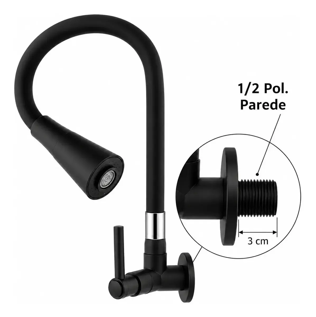 Torneira Gourmet Parede Cozinha Preta Flexível 2 Jatos Chuveirinho Cone 1/4 Volta Luxo Premium Silicone Cone Mais Vendida Preto Fosco thumbnail 2