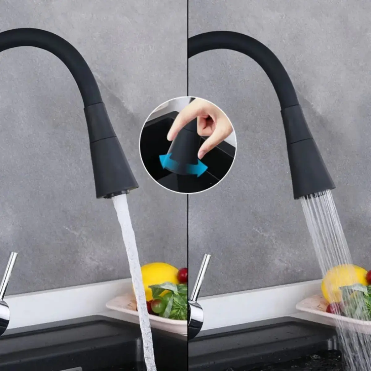 Torneira Gourmet Parede Cozinha Preta Flexível 2 Jatos Chuveirinho Cone 1/4 Volta Luxo Premium Silicone Cone Mais Vendida Preto Fosco thumbnail 3