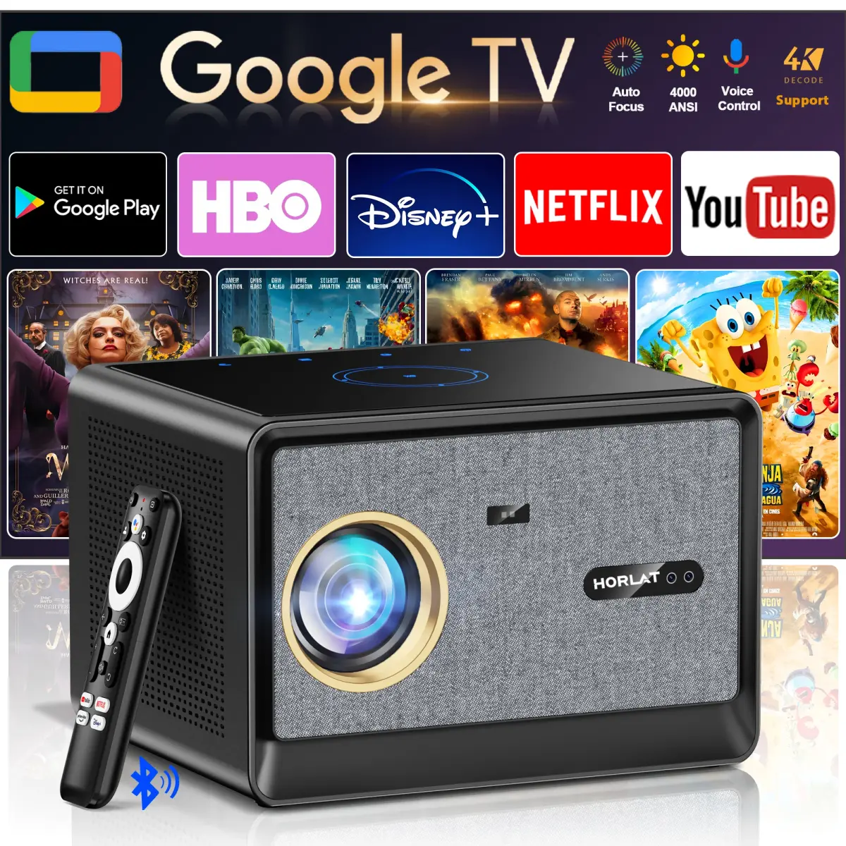 Projetor de Vídeo HORLAT 3500ANSI 4K UHD Android Google TV, Beamer Óptico Selado, Wifi6, Foco Automático, 1080P Full HD para Cinema em Casa - 1
