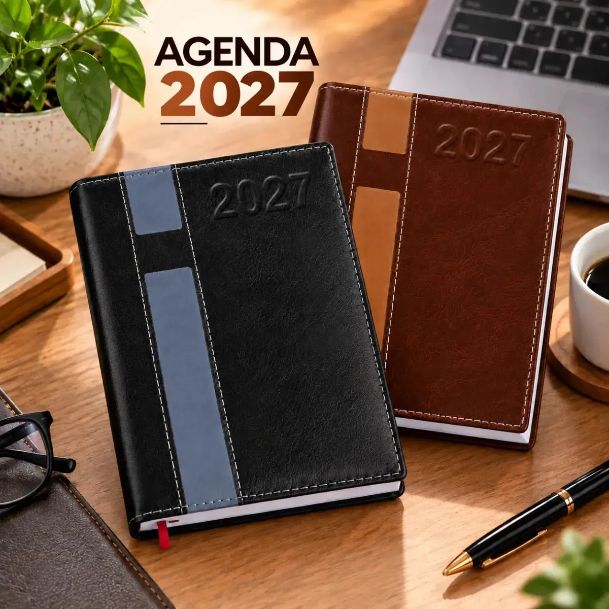 Agenda Diária 2027 Executiva Planner Diário Caderno de Anotações Capa Dura Couro 344 Folhas Calmfy - Preta