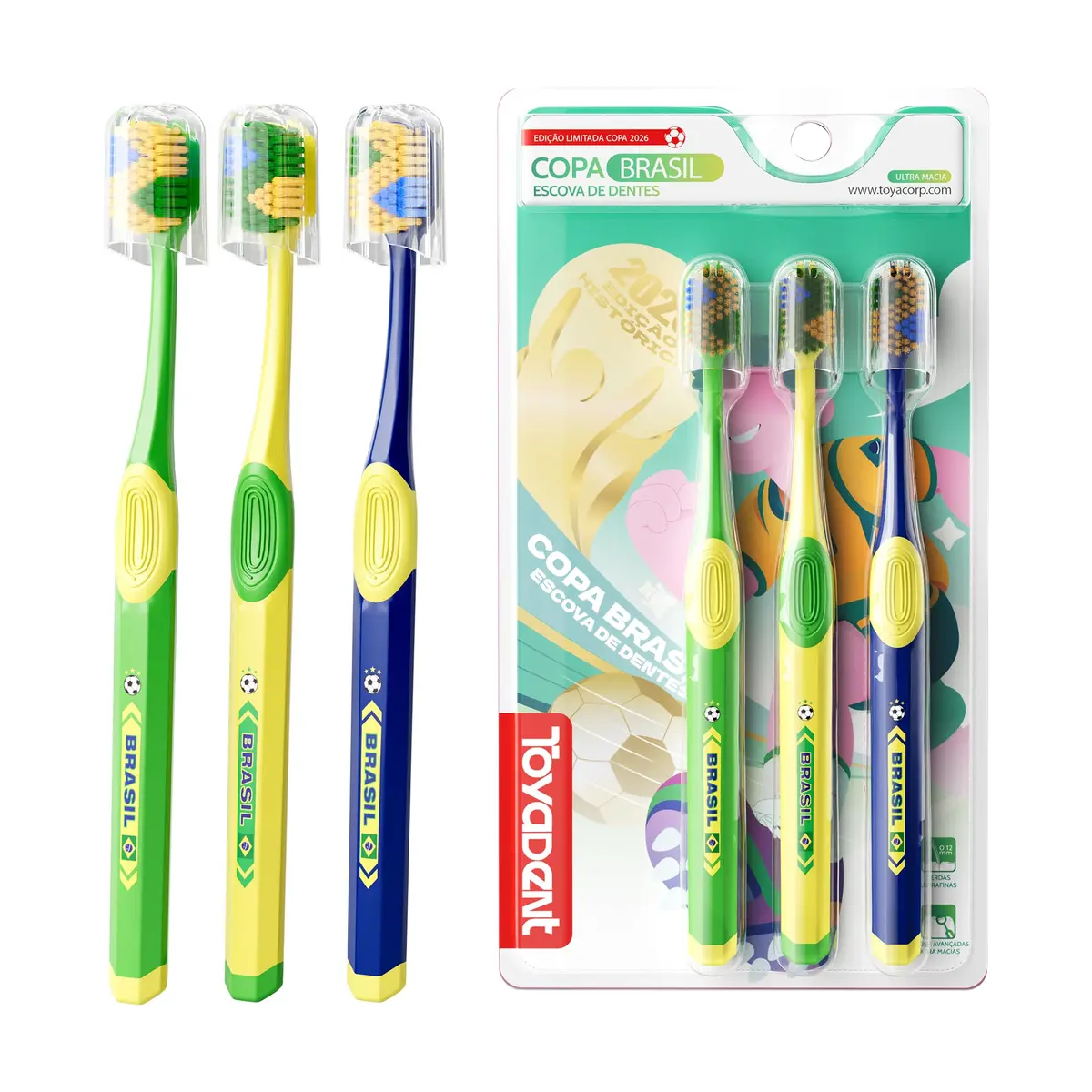 TOYADENT Escova de Dente Brasil, Cerdas Macia, Kit Família 3 Unidades | Limpeza Profunda, Design Futebol Copa Brasil, Uso Diário Adulto e Familiar - 1