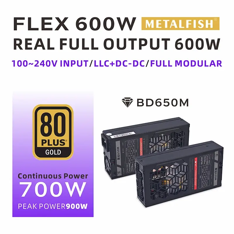 METALFISH Flex 600W Fonte de alimentação modular pequena 1U computador PSU Flex-ATX 500W para ITX Compact Mini PC POS AIO NAS 90-264V - 1