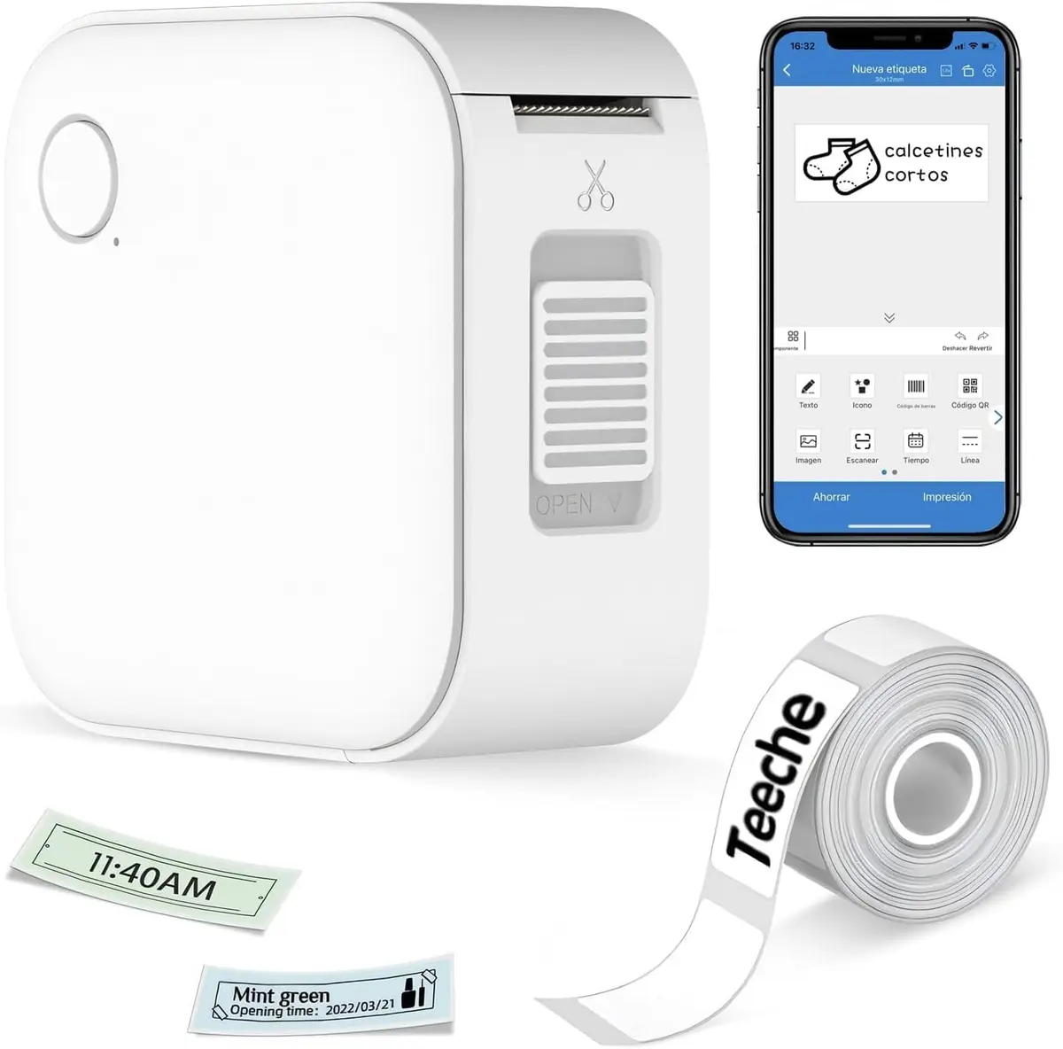 Impressora Térmica Portátil de Etiquetas, Bluetooth, 15mm Largura, Bateria 1000mAh com App e Rolo de Etiqueta, Branca (Impressora + Rolo de Papel)