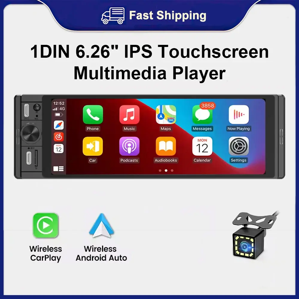1 din 6.36-Polegada rádio do carro suporte com fio & sem fio carplay android auto tela de toque universal mp5 multimídia player de vídeo 1din