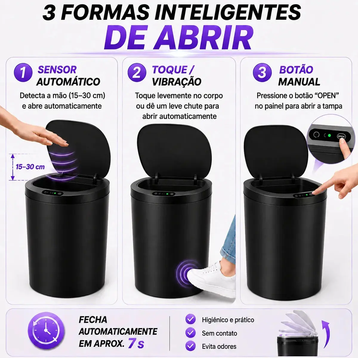 Lixeira Inteligente Automática Redonda Recarregável USB‐C Sensor para Cozinha Banheiro Escritório thumbnail 2