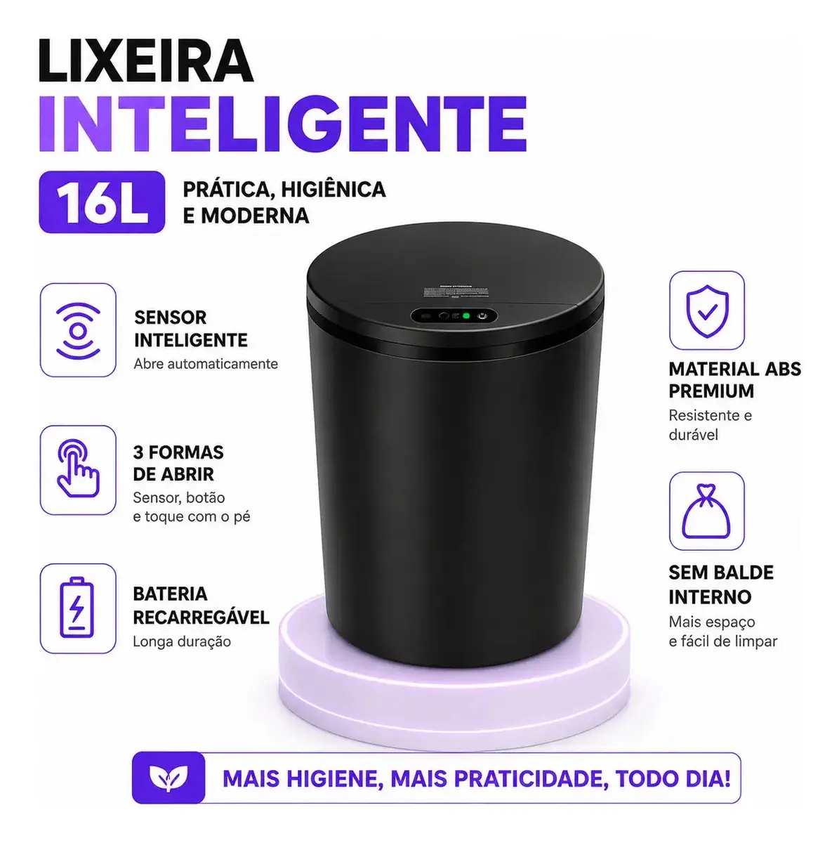 Lixeira Inteligente Automática Redonda Recarregável USB‐C Sensor para Cozinha Banheiro Escritório thumbnail 3