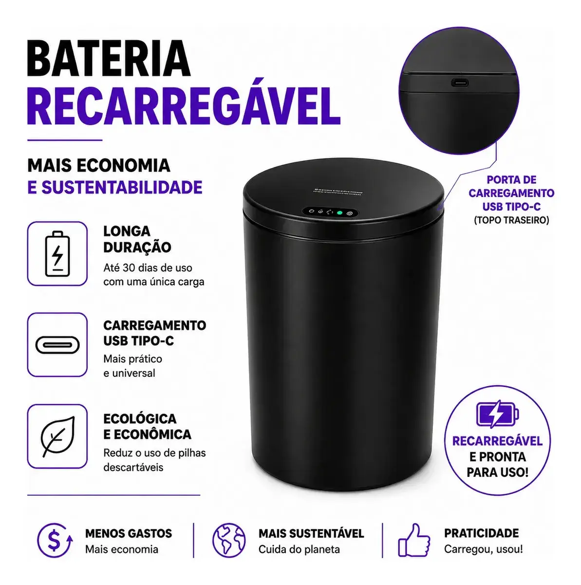 Lixeira Inteligente Automática Redonda Recarregável USB‐C Sensor para Cozinha Banheiro Escritório thumbnail 4