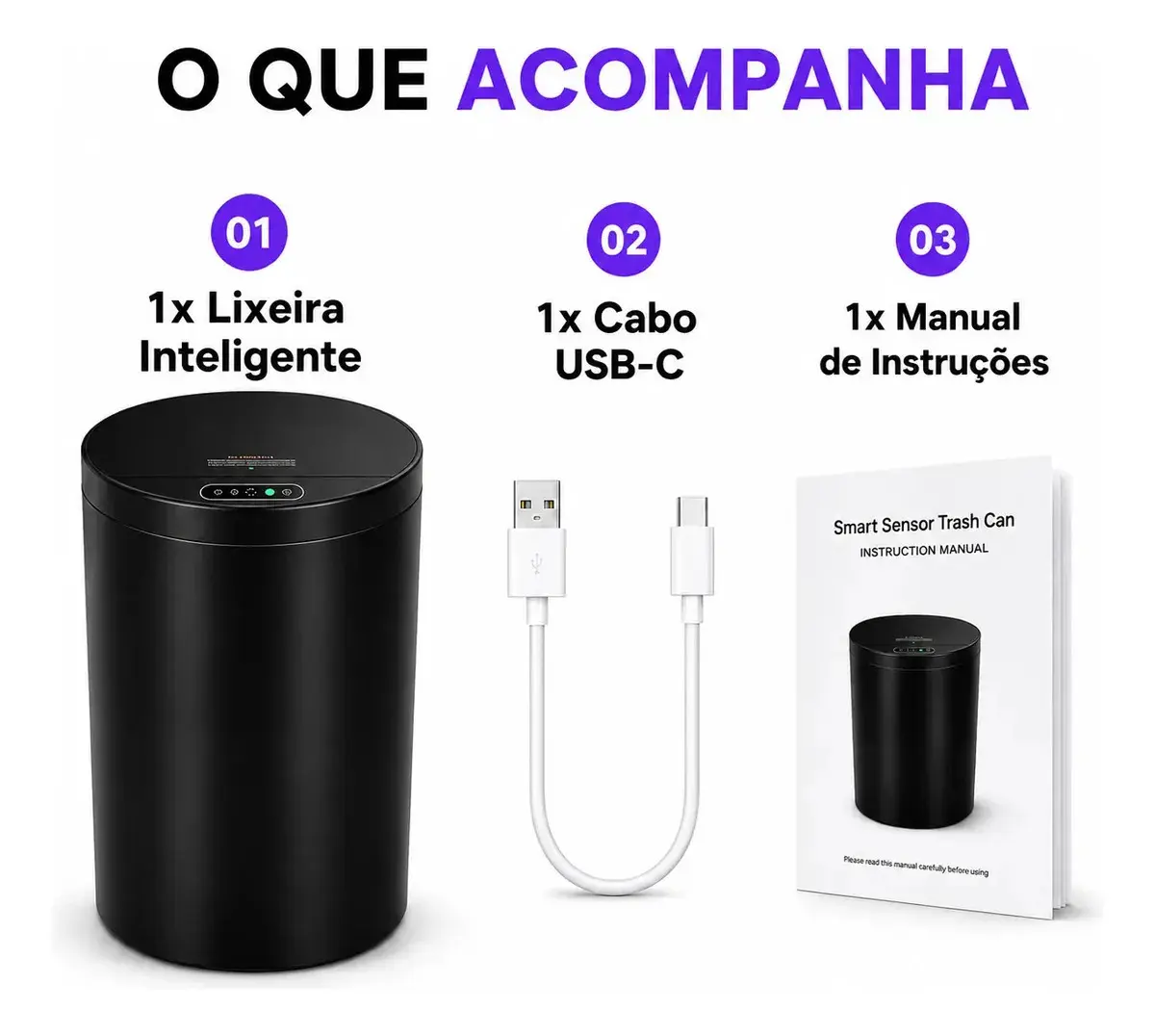 Lixeira Inteligente Automática Redonda Recarregável USB‐C Sensor para Cozinha Banheiro Escritório thumbnail 6
