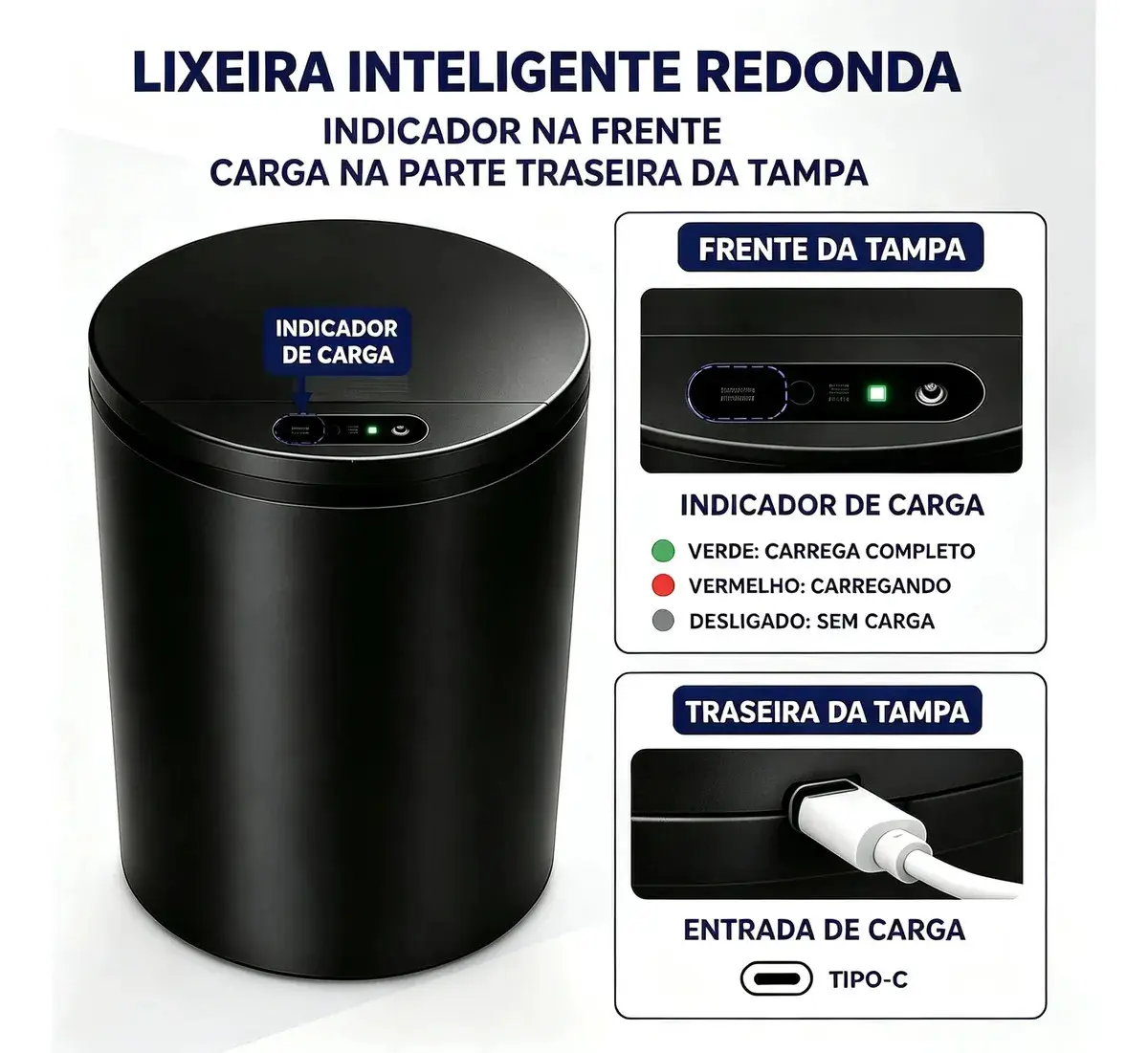 Lixeira Inteligente Automática Redonda Recarregável USB‐C Sensor para Cozinha Banheiro Escritório thumbnail 7