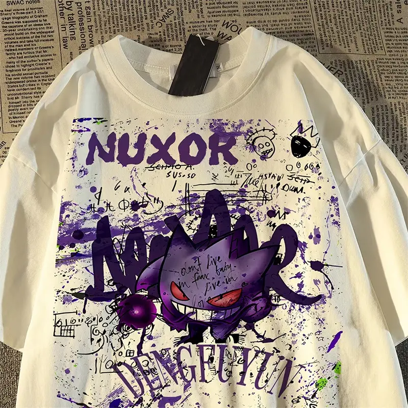 Camiseta Unissex Oversized Plus Size Feminina Masculina Branca Unissex Estilo Urbano e Estampa de Gengar, Estilo Urbano - 1