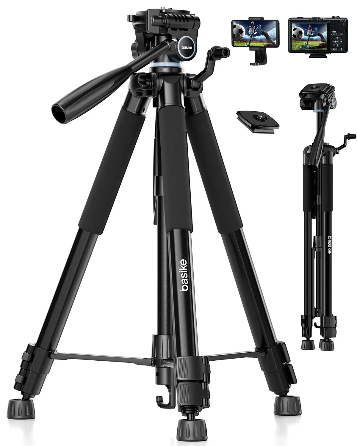 Basike Tripé Profissional para Câmera e Celular, Tripé Portátil (máx. 1,7m) | Alumínio, Ajuste 360°, Altura 0,5–1,7 m, Suporte Universal para Celulares/DSLR/GoPro, Capacidade Máx. 5 kg