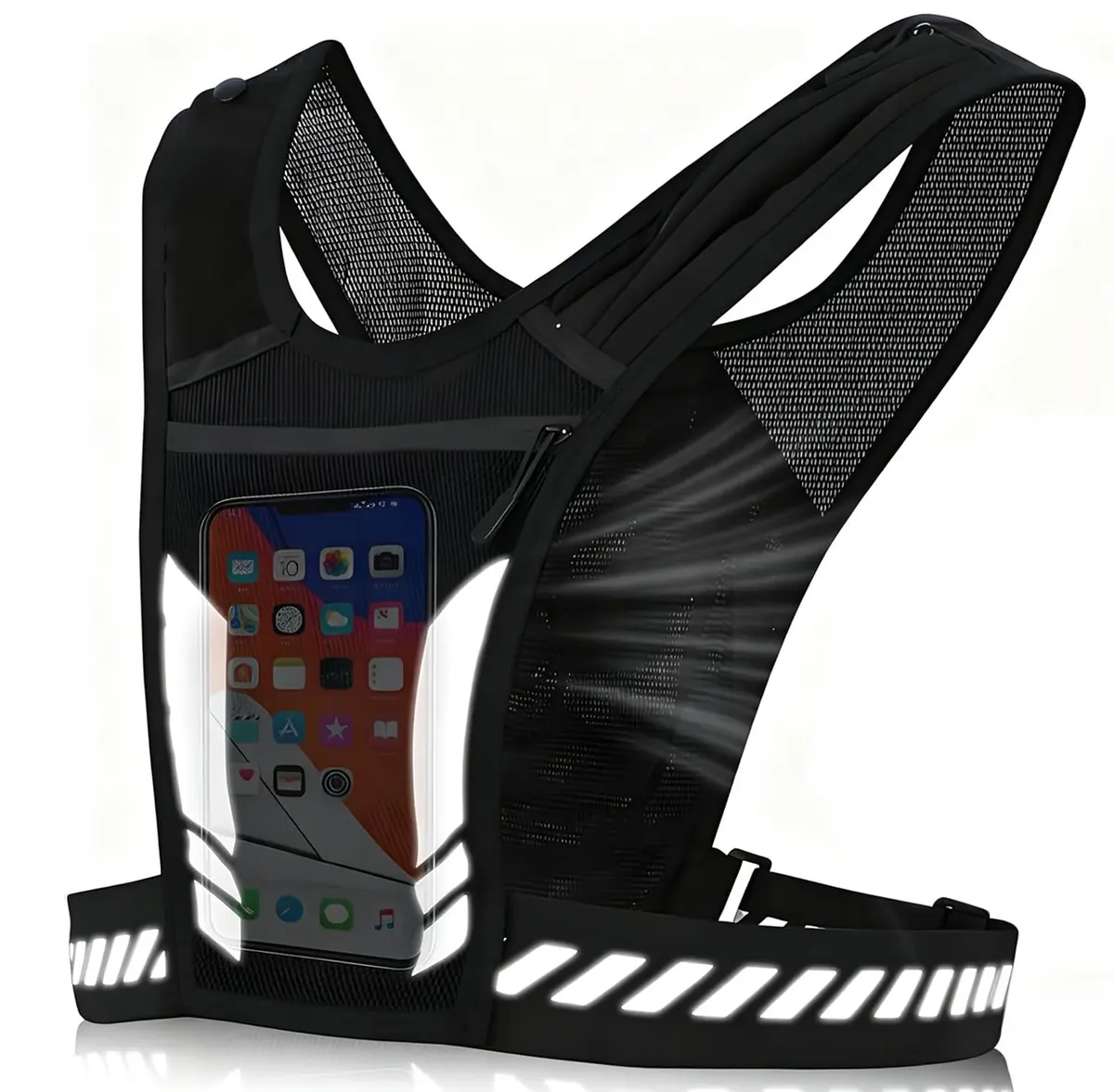 Colete de Corrida com Hidratação Ajustável e Faixas Refletivas | Colete de corrida com suporte para celular, bolsos, hidratação, ajuste confortável e faixas refletivas para esportes outdoor - 1