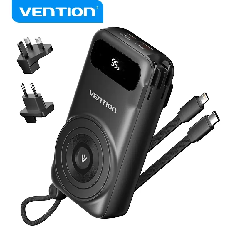 Bateria Externa Magnética Vention 10000mAh com Cabos L/C Integrados, com Plugue AC, Carregador Rápido Sem Fio para iPhones