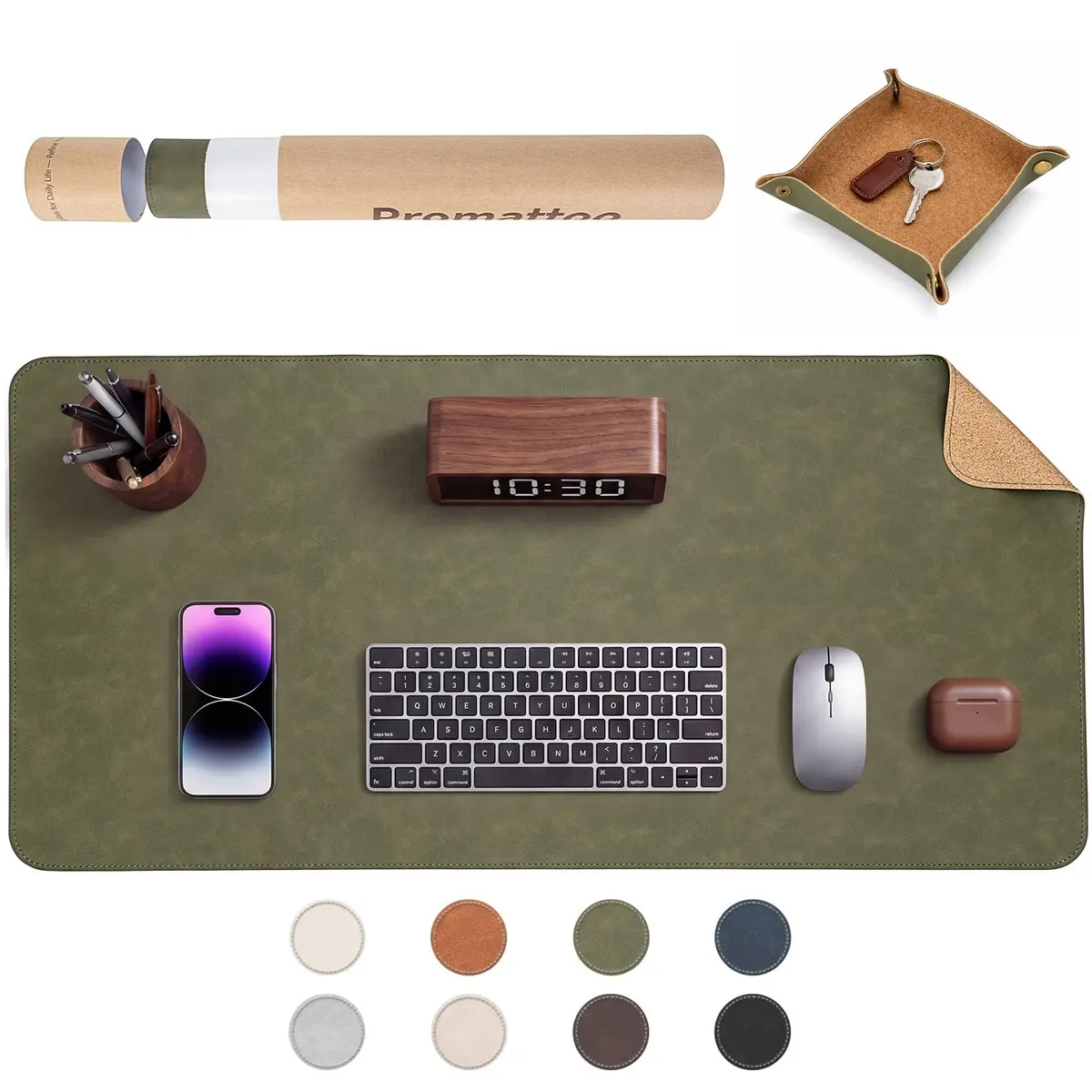 Tapete de mesa grande PROMATTOO dupla face 80x40 cm, com bandeja e tubo | Couro sintético vintage e lado cortiça; para teclado, mouse e notebook, anti-respingos, antiderrapante, Cor: Verde Oliva