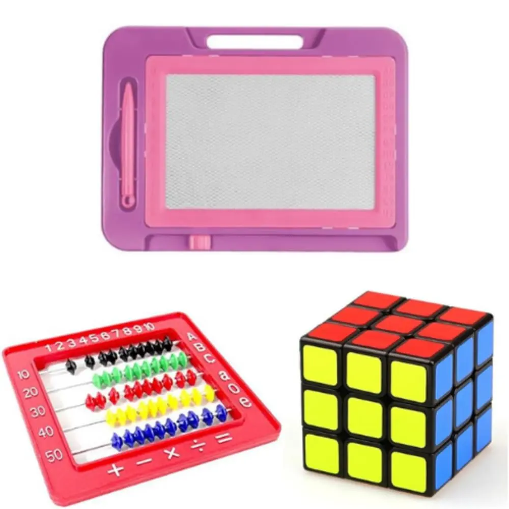 Kit Educativo Infantil 3 em 1 Brinquedos Educativos Didáticos com Cubo Mágico Ábaco Colorido Quadro Magnético de Desenho Durável, Interativo e Criativo. Cores Sortidas