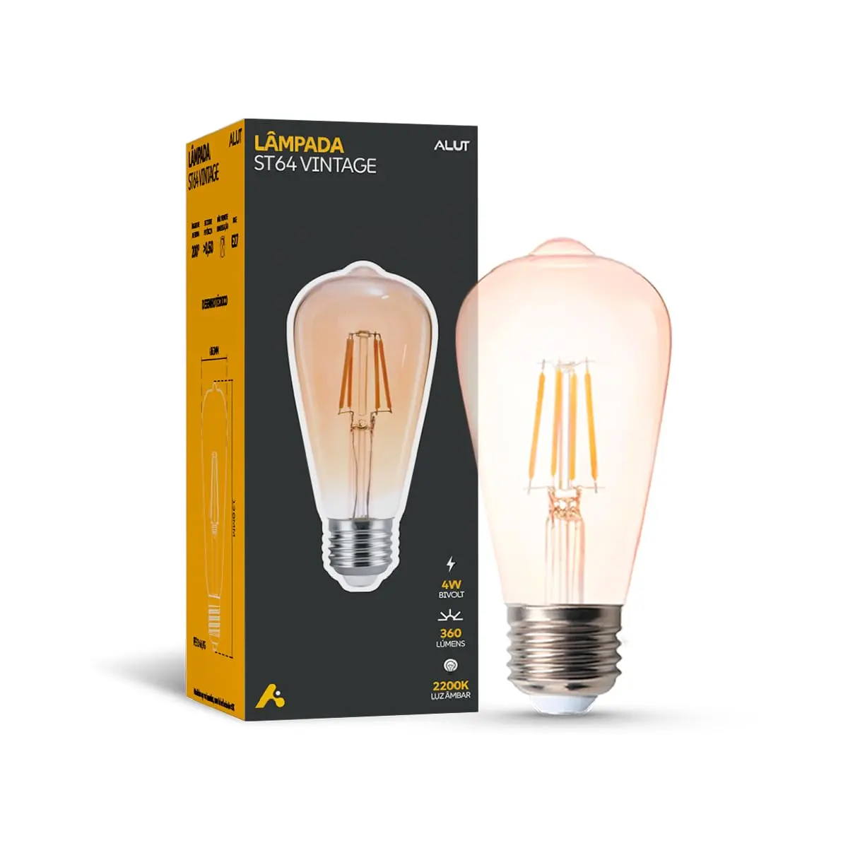 ALUT Lâmpada LED Filamento Retrô ST64 4W E27 Bivolt, 2200K Branco Quente Luz Âmbar Vintage, Decoração