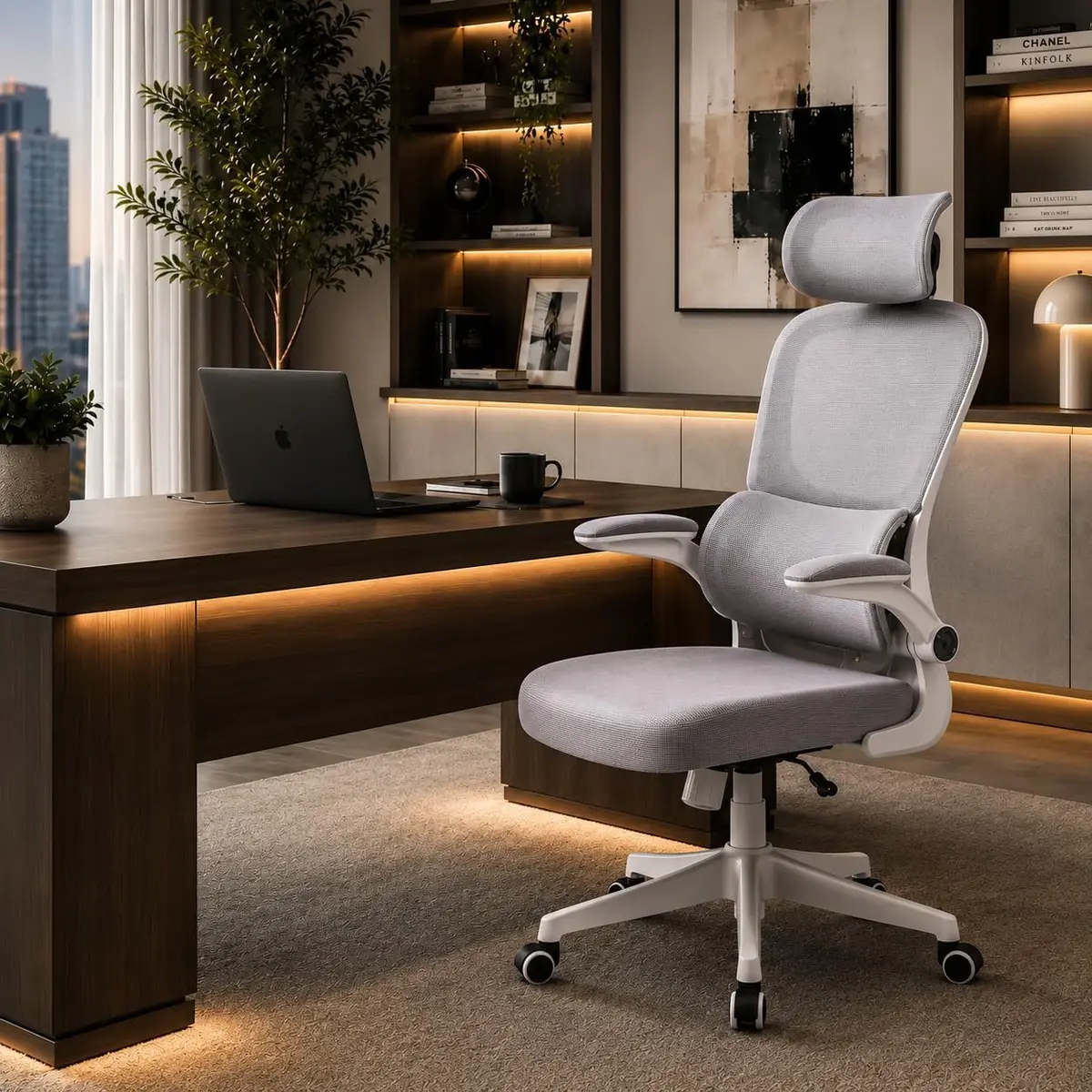 Cadeira de Escritório Suporte Lombar Ergonômico Malha Respirável Mesh Apoio Cabeça Confortavél Art Cadeiras Presidente Premium (Cinza e Branco)