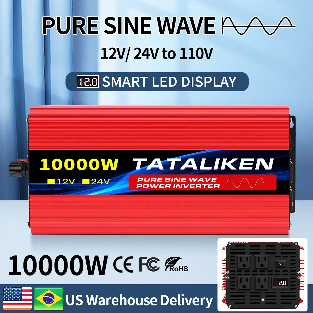 1600w-4500W 12V/24V para AC 110V 60Hz Pure Sine Wave Inverter Car Power Tranfermer Tensão Conversor Portátil com Display LED - 1