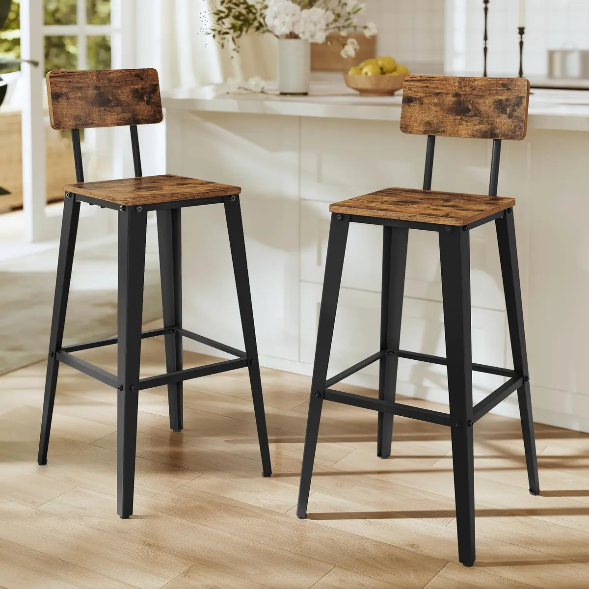 VASAGLE Banqueta Alta com Encosto, Cadeiras e Cadeira Alta, Kit 2, Aço | Banco para balcão de cozinha, banqueta alta para balcão com encosto, cadeiras para ilha, 74 cm, Marrom Rústico, BRULBC078B01