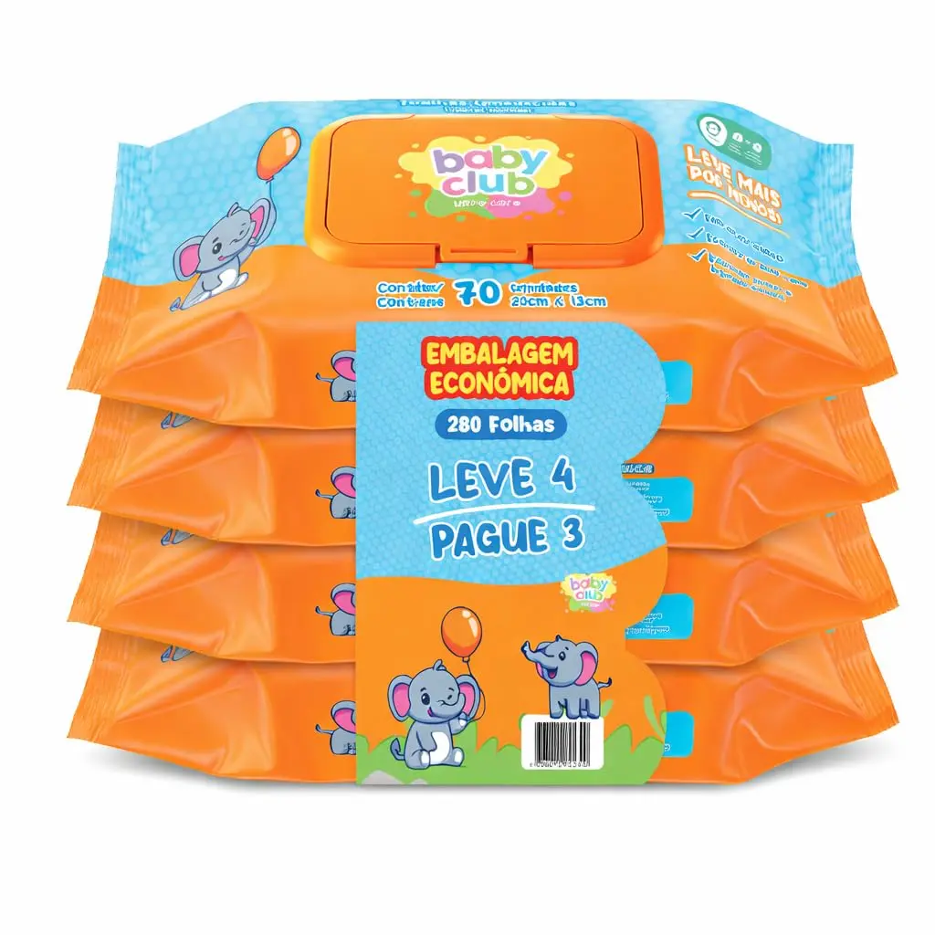 Lenço Umedecido Bebê Baby Club 280 Unidades 4x70 Hipoalergênico