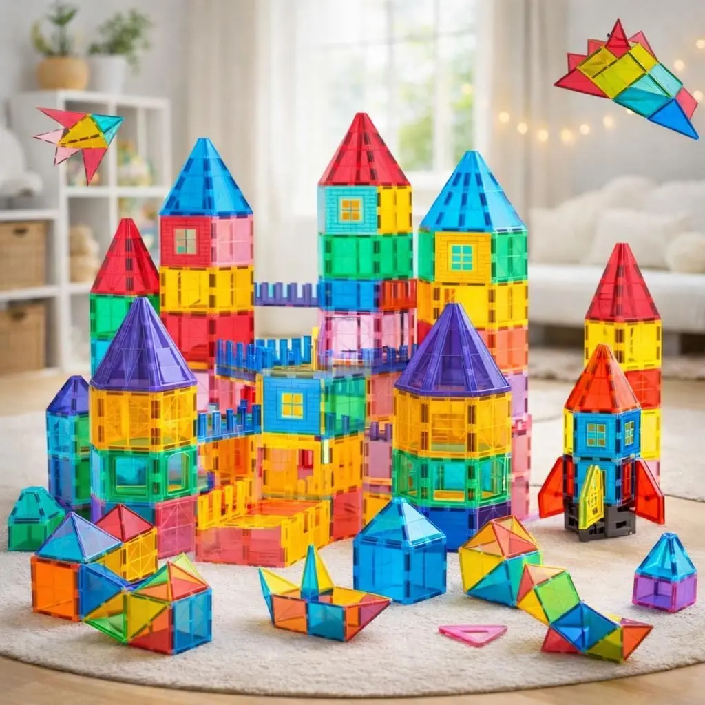 Blocos Magnéticos de Construção 78 Peças Brinquedo Educativo Infantil 3D Encaixe Imantado Criativo Kit Montar Crianças STEM Desenvolvimento Cognitivo Coordenação Presente Meninos Meninas 78pcs