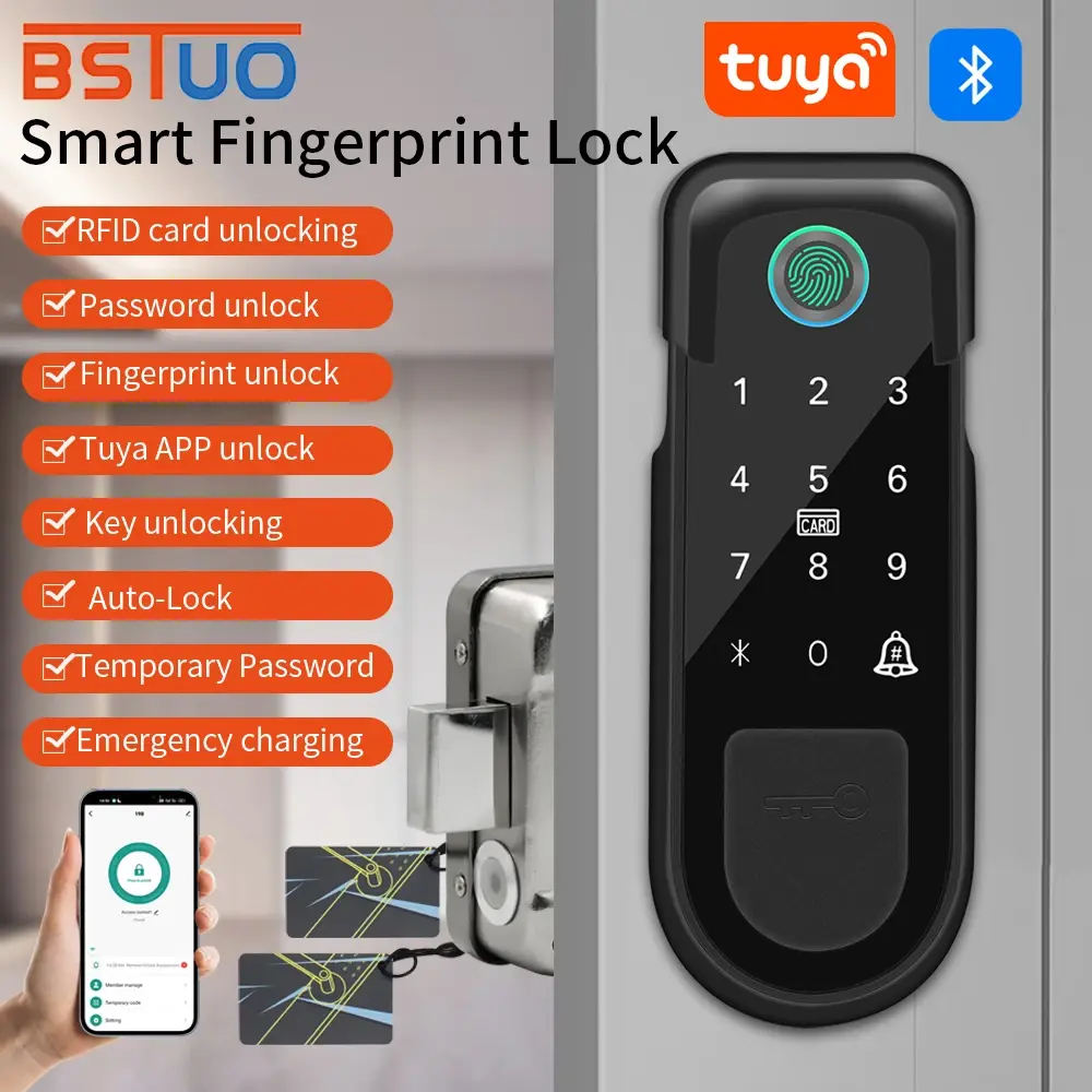 Fechadura inteligente para porta de casa, wi-fi, lado duplo, sensor de impressão digital, código digital, cartão ic, aplicativo smart life, fechadura eletrônica, 3 chaves - 1