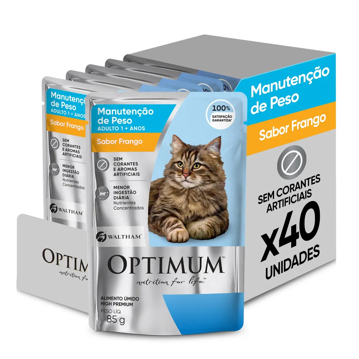 Pack Ração Úmida Optimum Sachê para Gatos Adultos Manutenção de Peso Frango 85 g - 40 unidadaes
