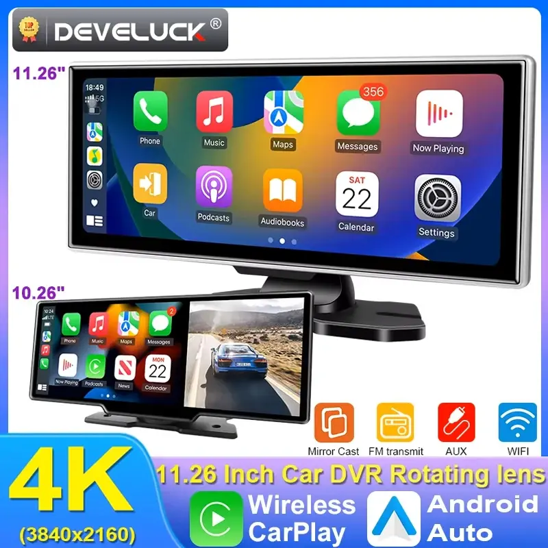 10/11.26 polegada traço cam 4k carro dvr sem fio carplay & android auto navegação gps gravador de vídeo painel lente dupla wifi fm aux
