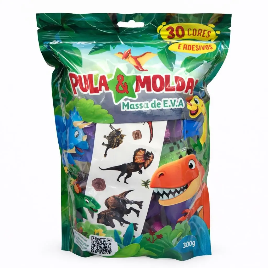 Massinha de Modelar Pula & Molda Massa de EVA Dinossauros, 30 Cores, 300g