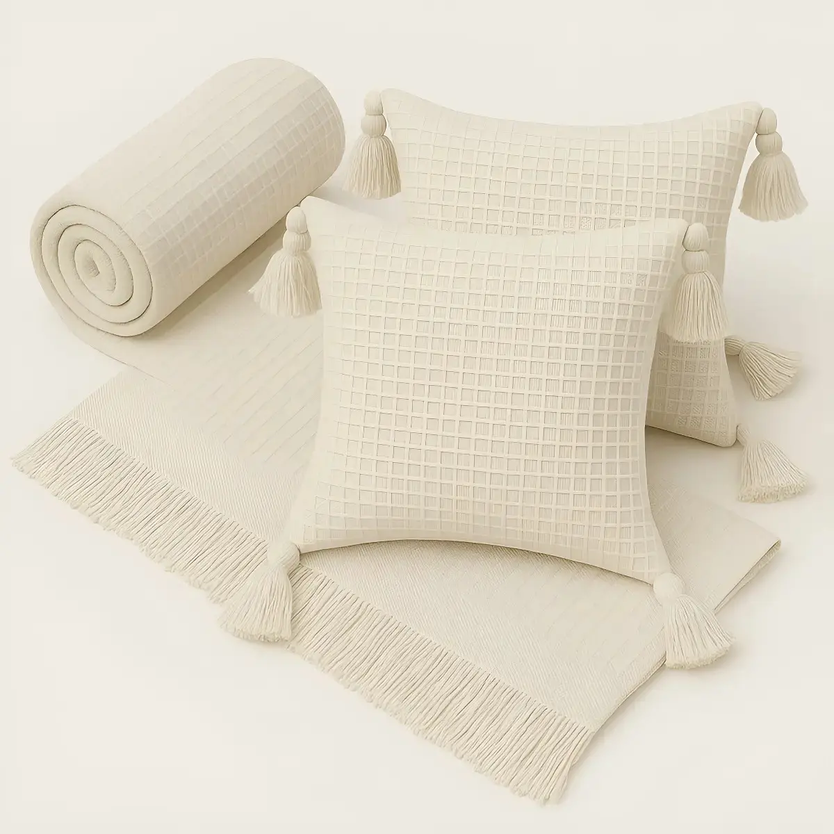 Kit Manta para Sofá Viena e Capas de Almofada 45x45 cm de Algodão Premium Bege