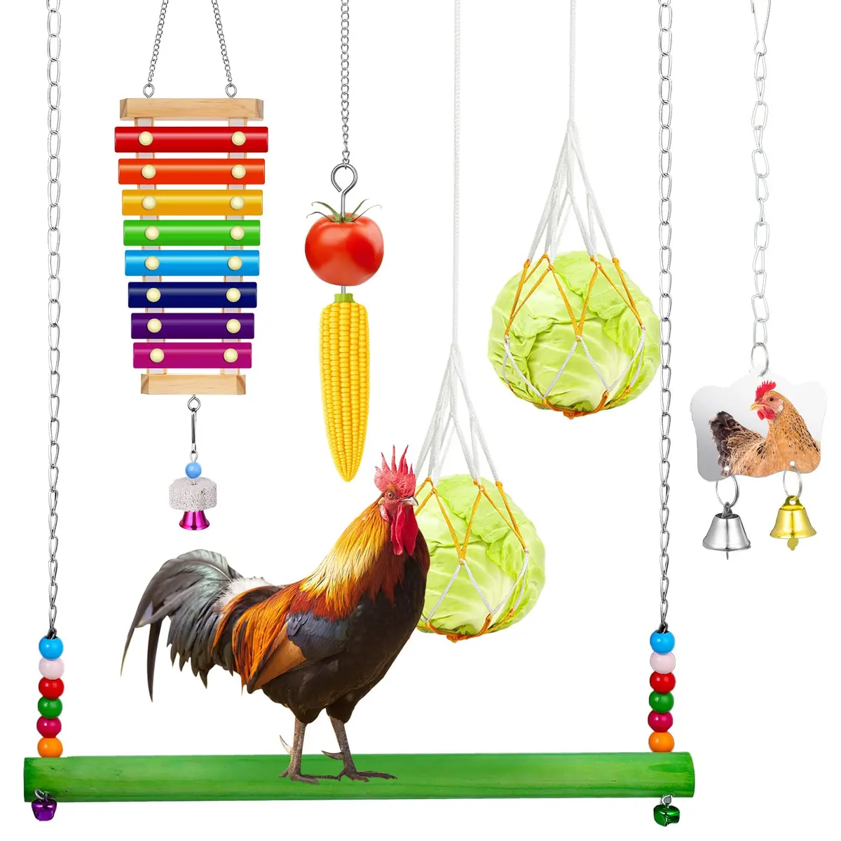 Gejoy 6 peças de brinquedos de galinha para acessórios de galinheiro, espelho de madeira com sinos, espeto de frutas, vegetais, alimentador de pendurar para mastigar e forragear, para frango