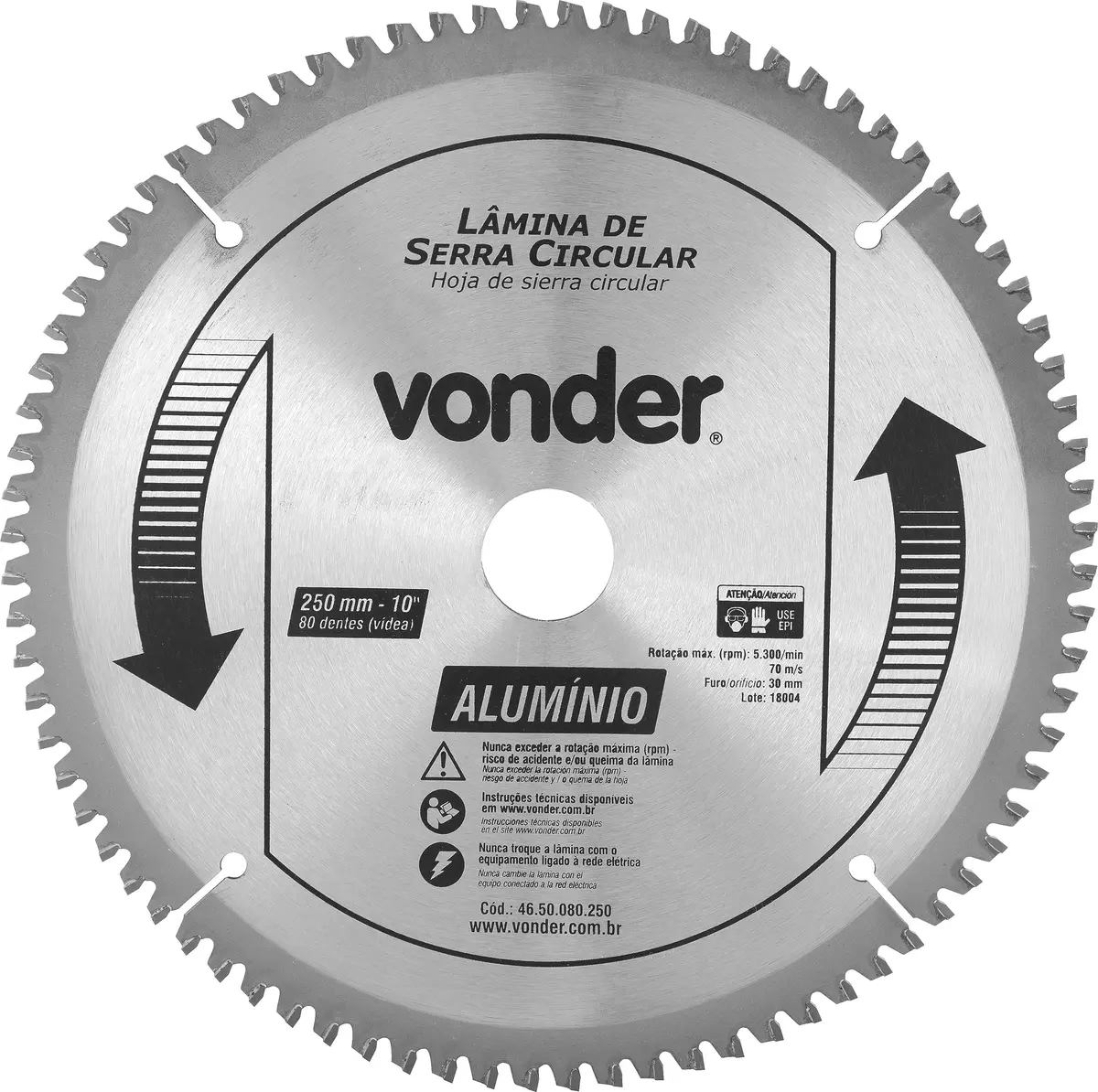 Vonder, Lâmina de Serra Circular com Vídea, para Alumínio, 250 Mm X 30 Mm X 80 Dentes