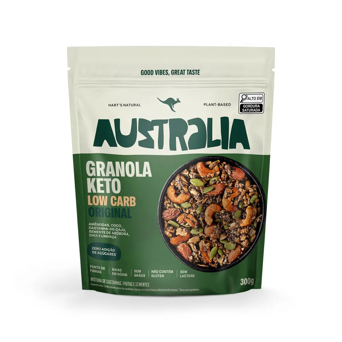 Granola Australia Keto Low Carb, Sem Açúcar, Vegano, Sem Glúten, 300g | Receita 100% natural, sem lactose e rica em fibras, bem crocante. Ótima no café da manhã ou como snack ao longo do dia.