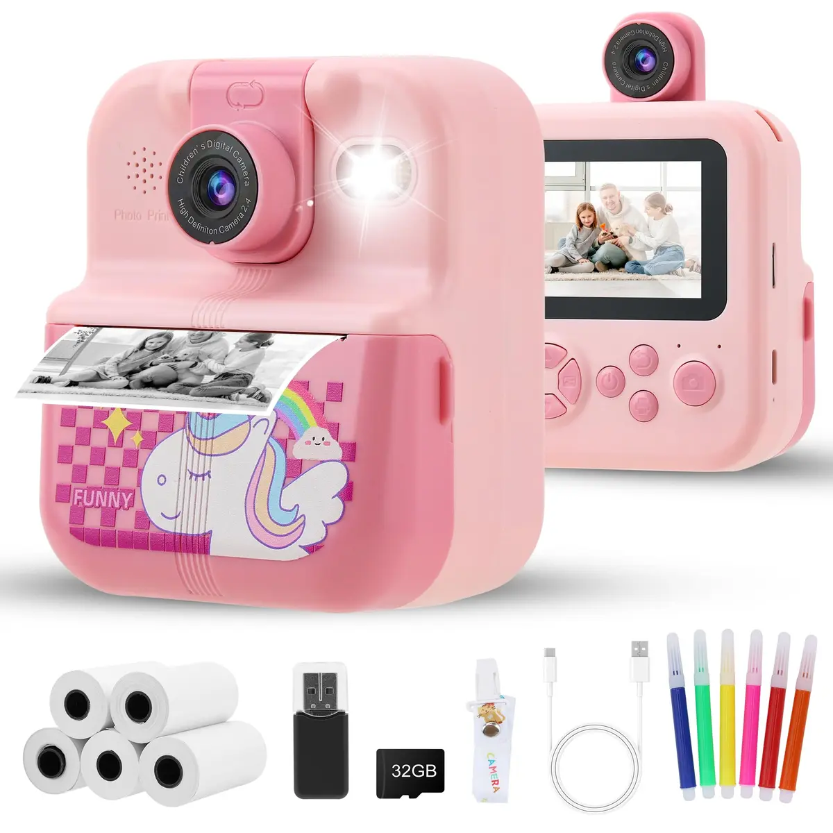 Câmera Infantil, Impressora Instantânea de Sem Tinta, Lente Pode Ser Virada, Selfie, com Flash, 32GB Cartão, Vídeo HD, Brinquedos Meninas Meninos com Crianças de 3 a 14 Anos (Rosa) - 1