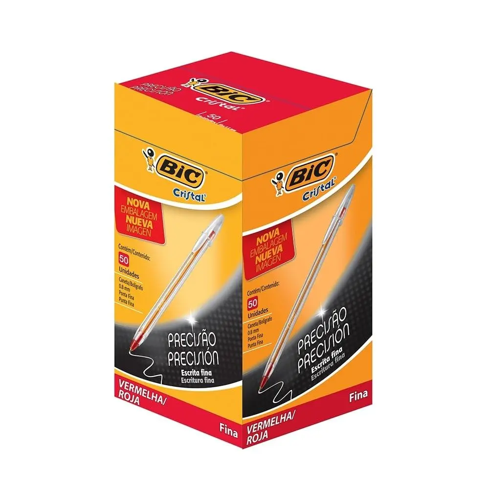 BIC, Caneta Esferográfica Escrita Fina, Cristal Fina, Vermelha, 50 Unidades