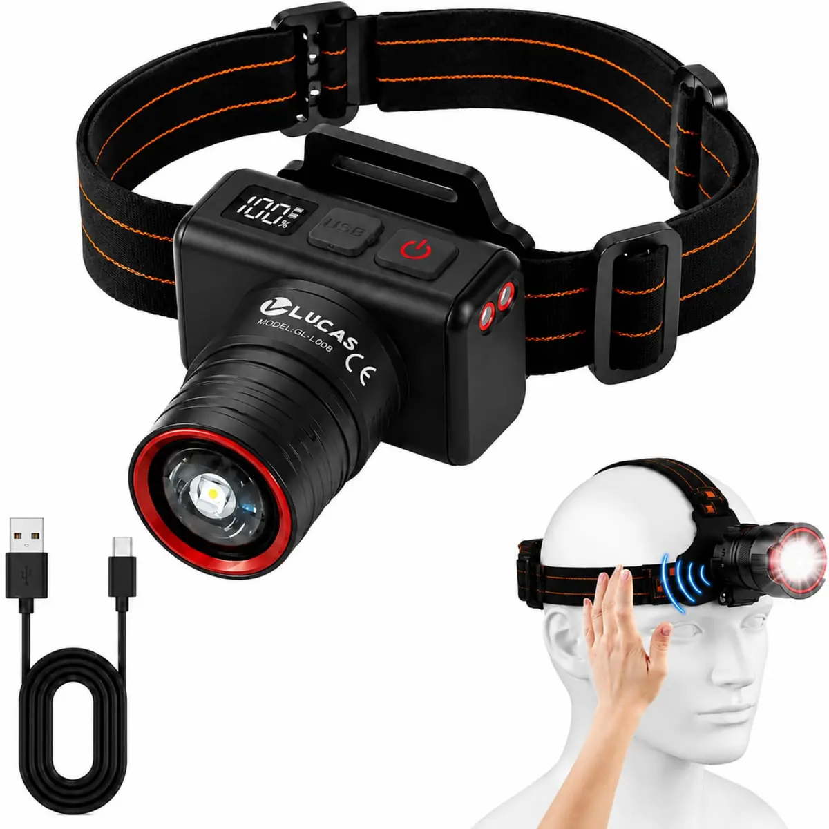 Lanterna de Cabeça LED Tática, Lanterna Cabeça Recarregavel, Zoom Ajustável, À Prova d'Água, Power Bank, Ideal para Camping, Pesca, Trilha e Ciclismo - 1