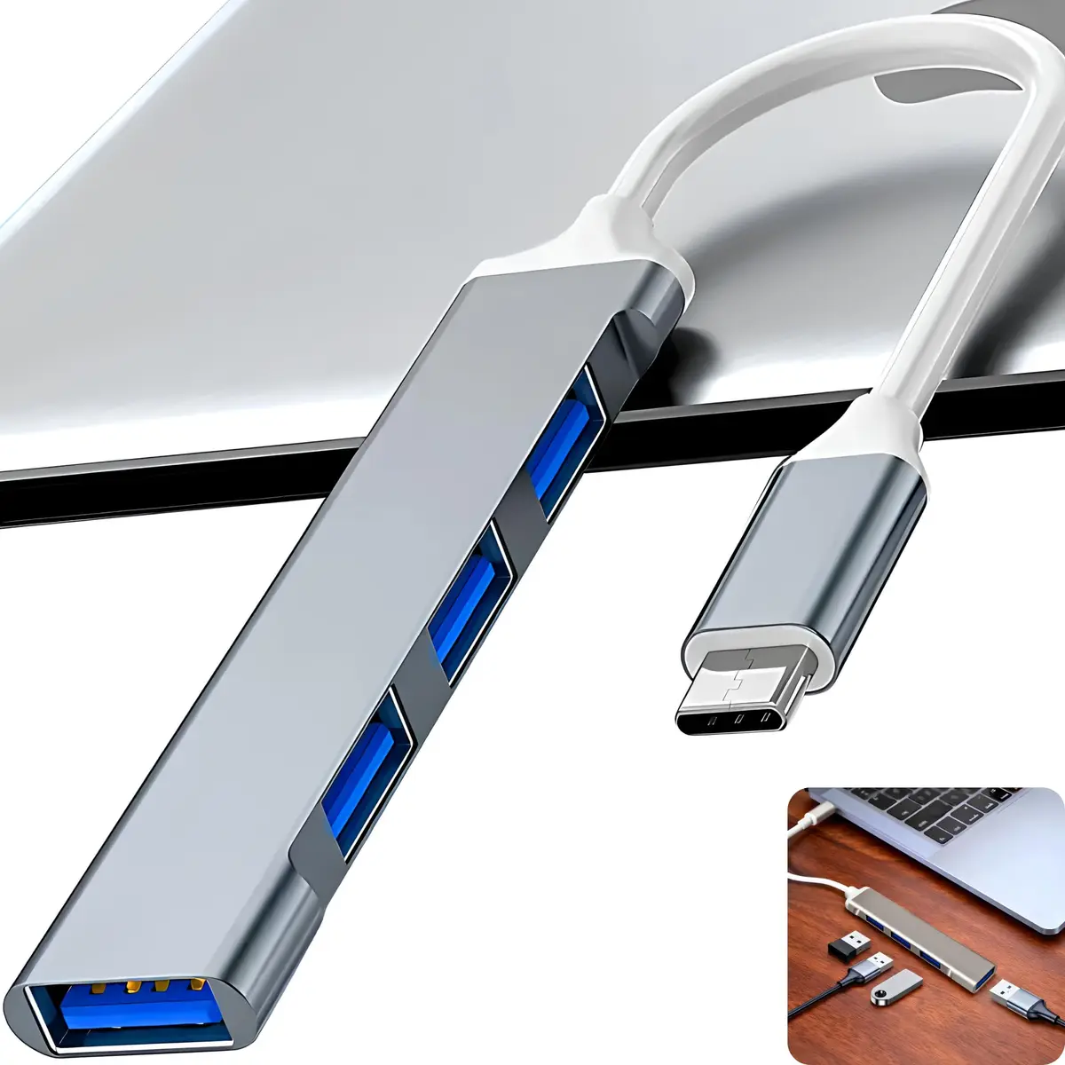 Hub USB-C 3.0 Extensor Adaptador 4 em 1 Multiportas até 5 Gbps | 1x USB 3.0 e 3x USB 2.0 - Para Macbook, Notebook, PC, Ipad, Dex, Raspberry - Plug and Play, Estrutura Alumínio, Cabo Branco